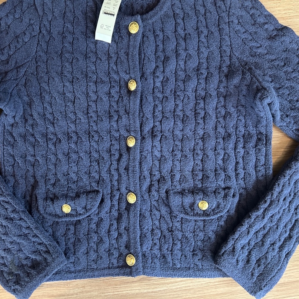 J.Crew Odette Cable Knit Sweater Lady Jacket In Mediterranean Navy, Size Small - Picture 3 of 10